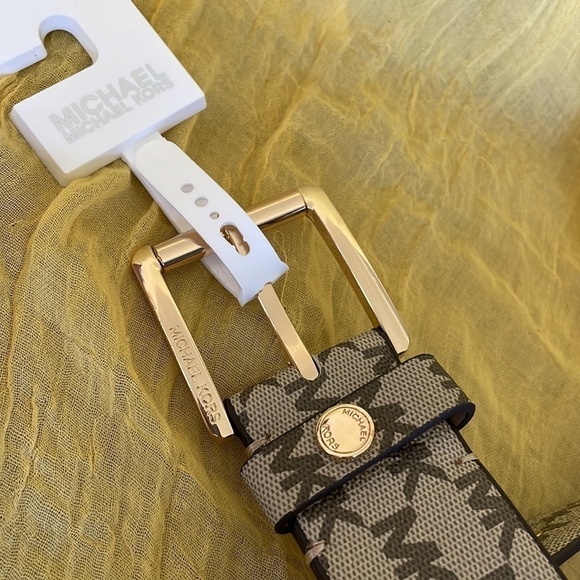Brand New Michael Kors Tan & Brown Logo Belt w/ Gold Tone Buckle, Accent & Holes main image 14